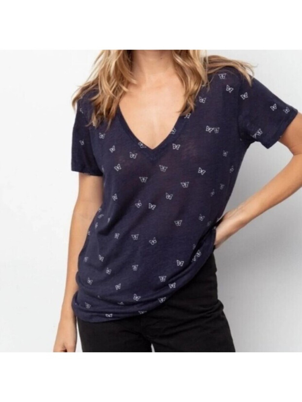 Rails Women's Size S Blue White Butterfly Print Linen Tencel V-Neck Tee Top